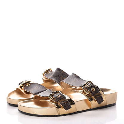 Louis Vuitton Metallic Calfskin Patent Monogram Bom Dia Mule Sandals 36 Gold 3 of 7