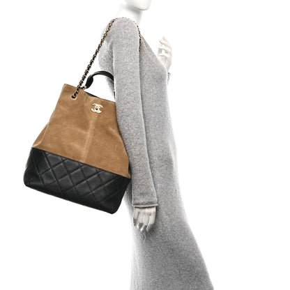 Chanel Suede Calfskin Shiny Lambskin Quilted Large Coco Base Shopping Bag Beige Black 2 of 10