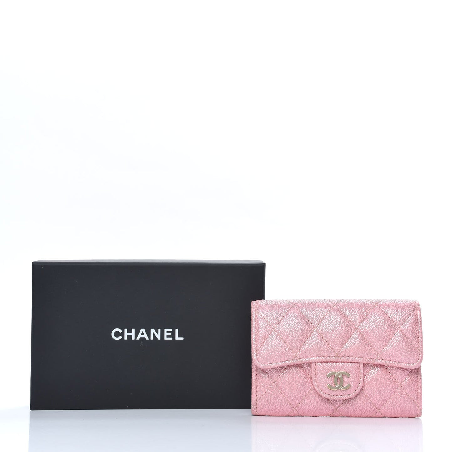 Iridescent Caviar Quilted Flap Card Holder Rose Pink