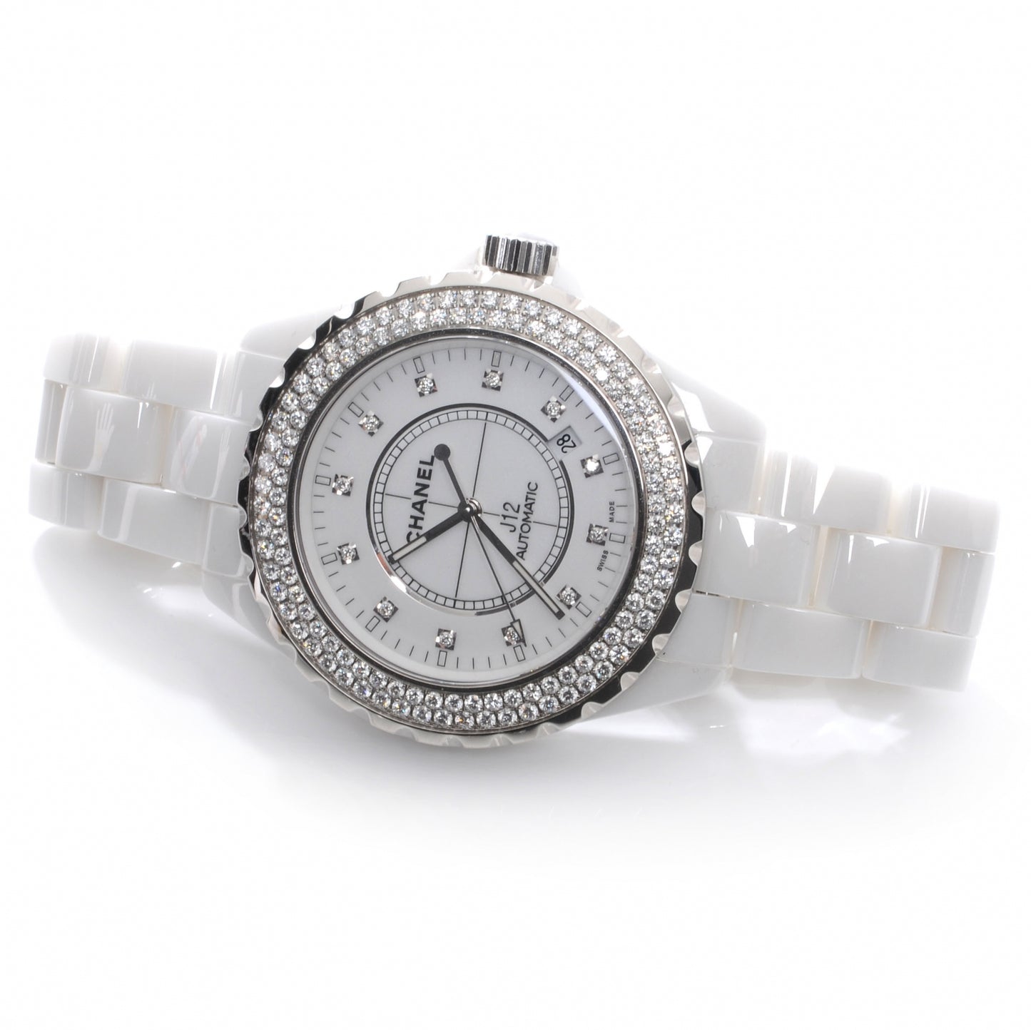 Stainless Steel Ceramic Diamond Pave Bezel 42mm J12 Automatic Watch White