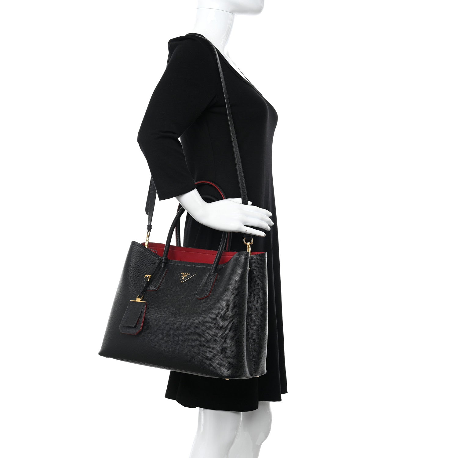 Prada Saffiano Cuir Medium Double Bag Black Ciliegia 3 of 13