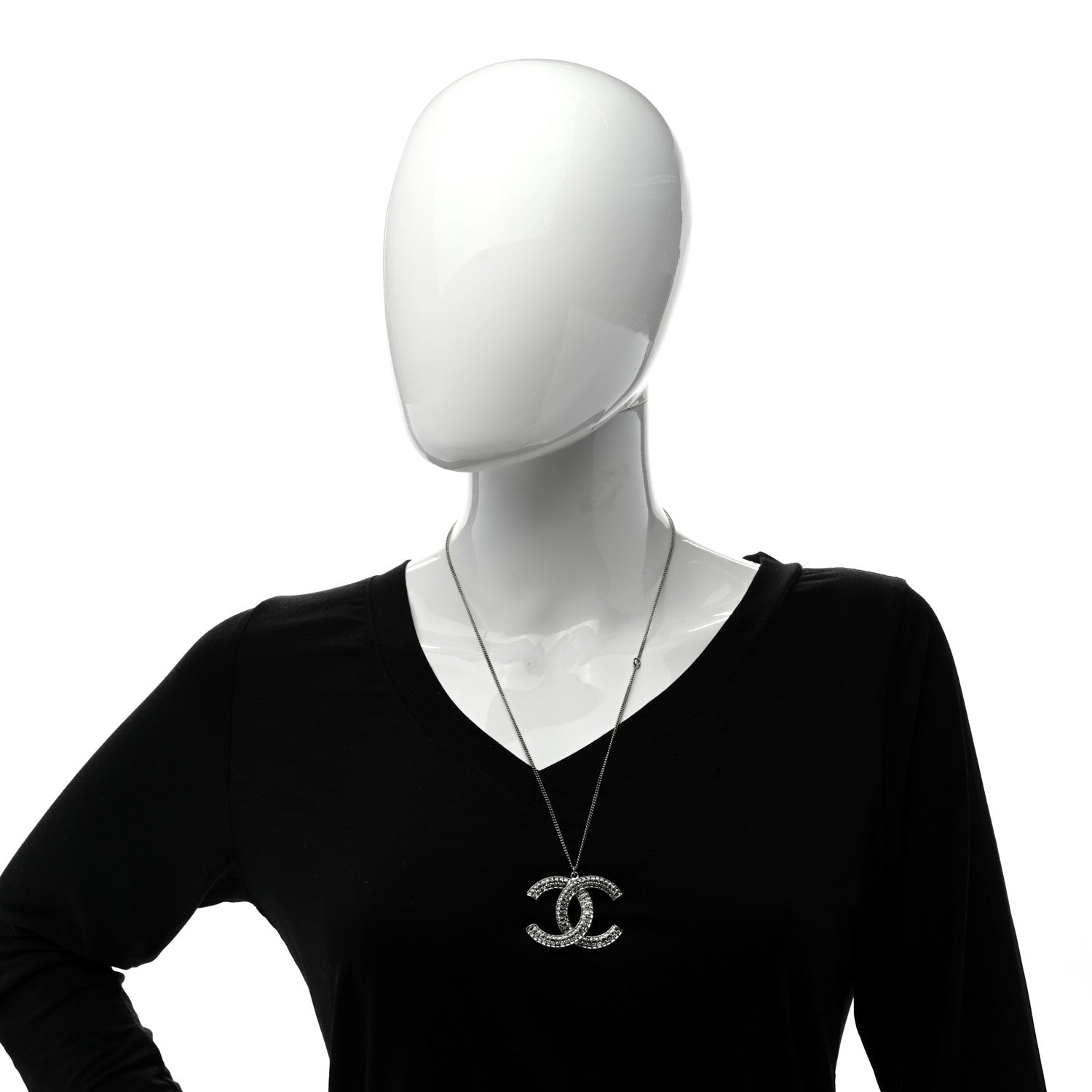 Chanel Crystal CC Pendant Necklace Silver 2 of 4