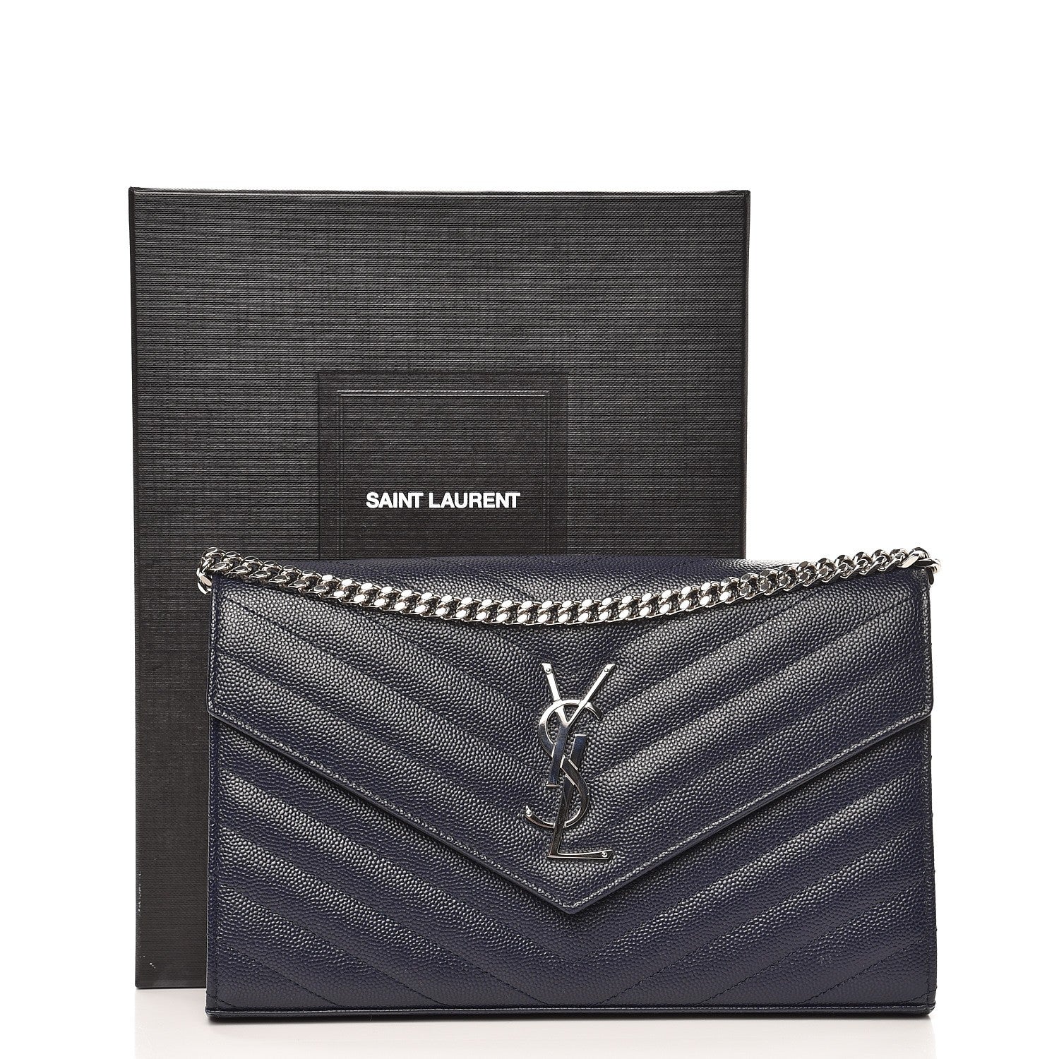 Saint Laurent Grain De Poudre Matelasse Chevron Monogram Chain Wallet Deep Marine 7 of 7
