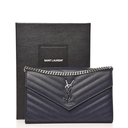 Saint Laurent Grain De Poudre Matelasse Chevron Monogram Chain Wallet Deep Marine 7 of 7