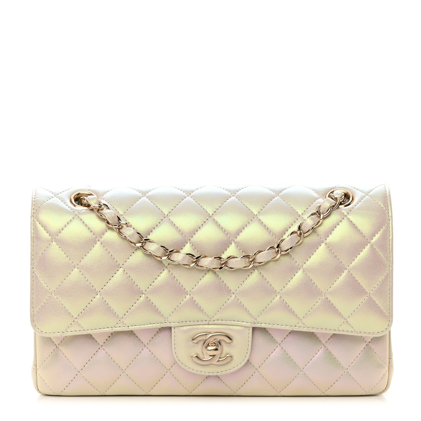 Iridescent Lambskin Quilted Medium Double Flap Ivory