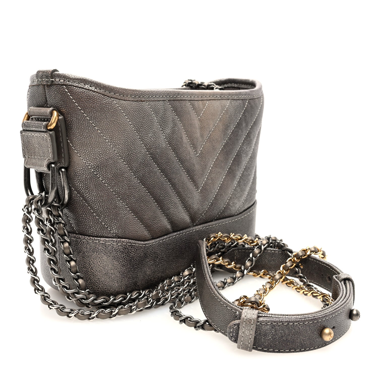 Chanel Metallic Caviar Chevron Quilted Small Gabrielle Hobo Light Silver Gold 3 of 10