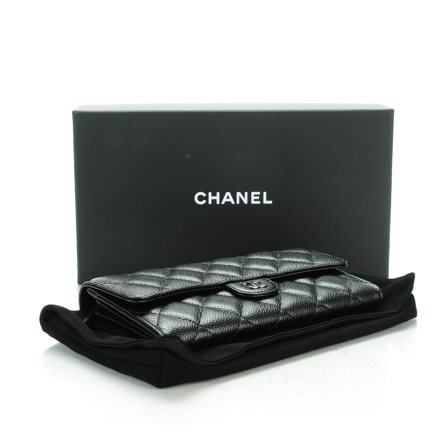 Caviar Quilted Large Gusset Flap Wallet Black