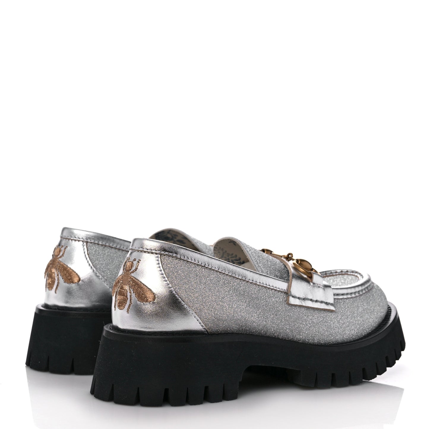 Mini Diamond Storm Silk Calfskin Womens Harald Horsebit 25mm Platform Loafers 35 Silver