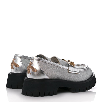 Gucci Mini Diamond Storm Silk Calfskin Womens Harald Horsebit 25mm Platform Loafers 35 Silver 4 of 10