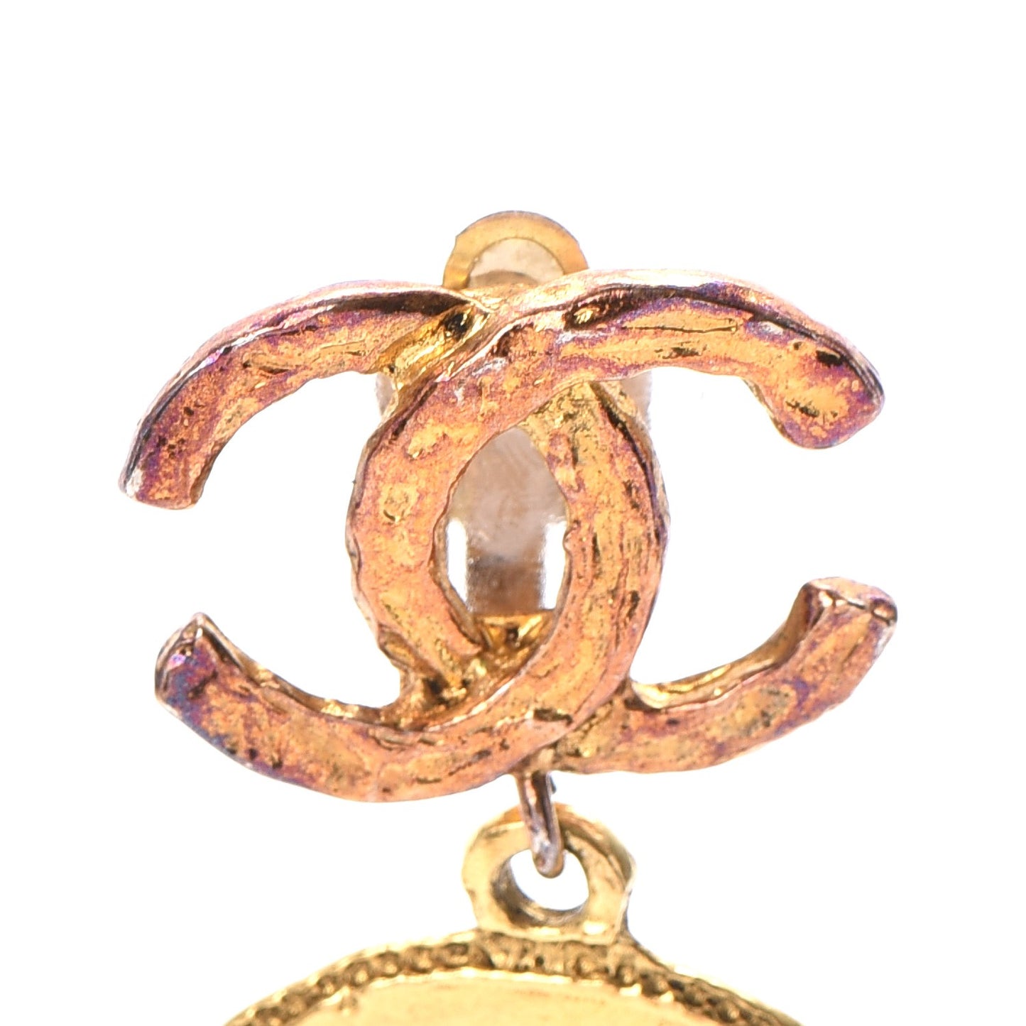 Hammered Medallion CC Dangle Clip On Earrings Gold