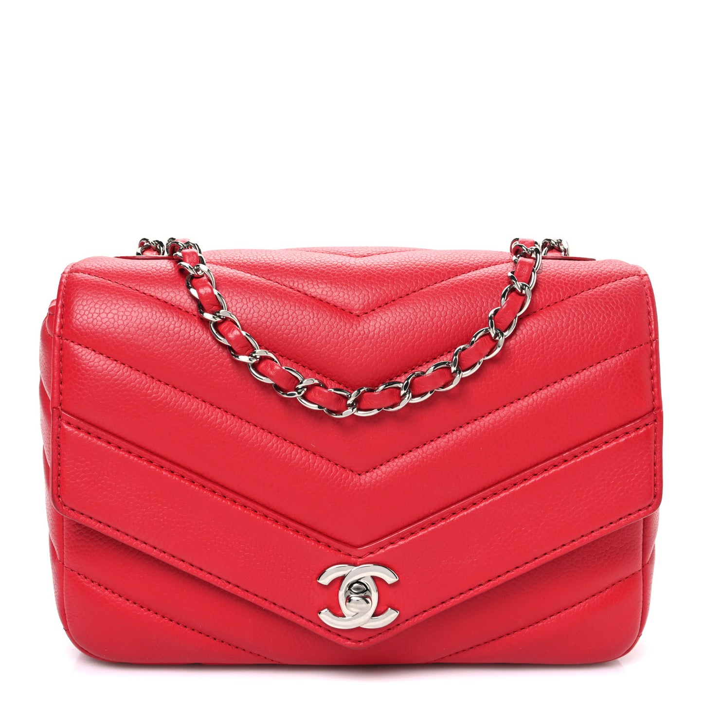 Caviar Chevron Quilted Medium Single Flap Red