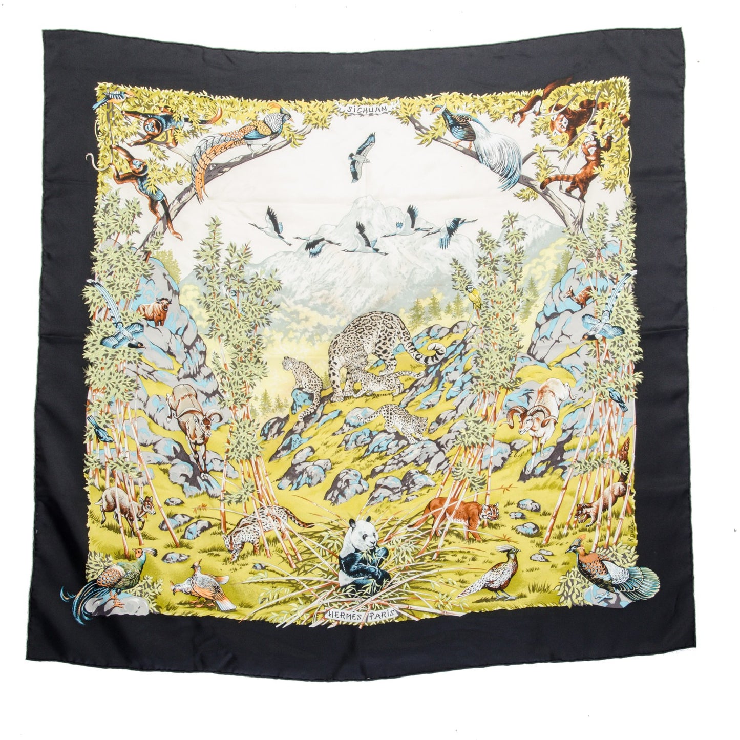 Silk Sichuan Scarf 90 Noir Bronze Beige Clair