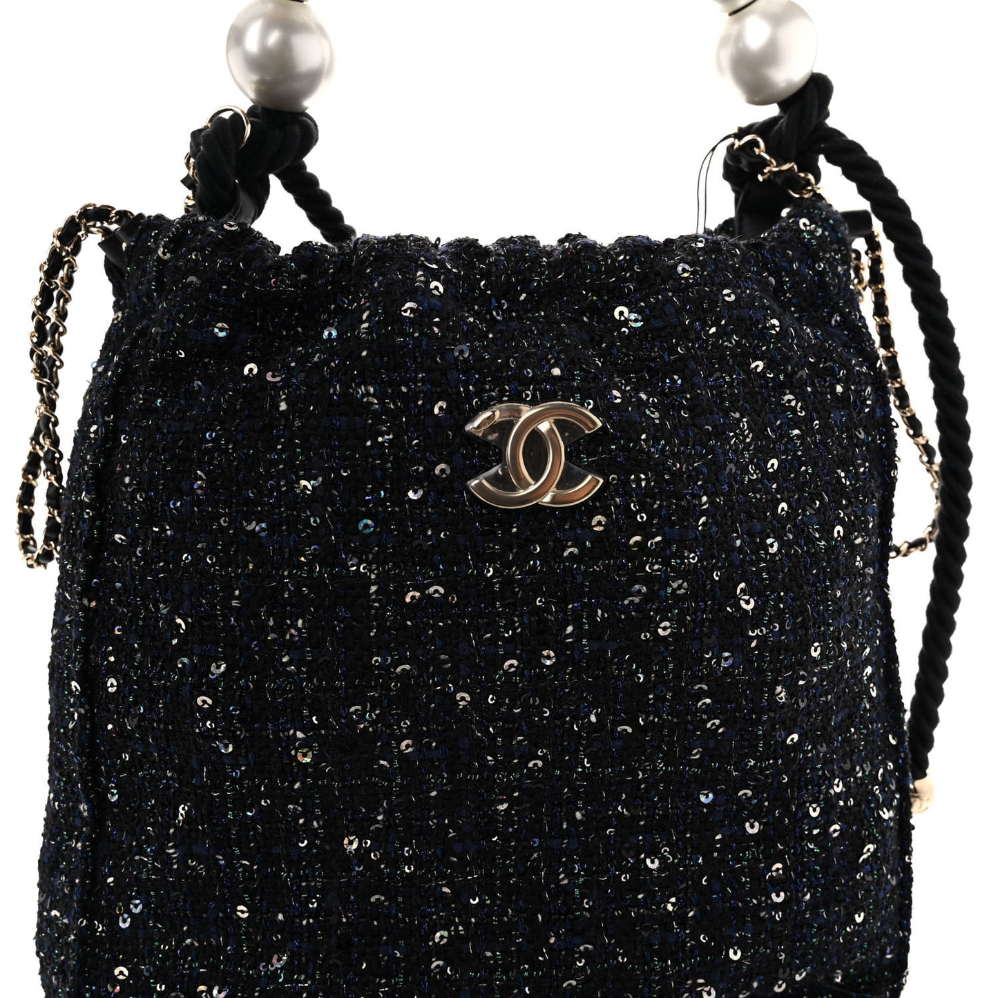 Tweed Pearl Handle Drawstring Bag Black Ecru