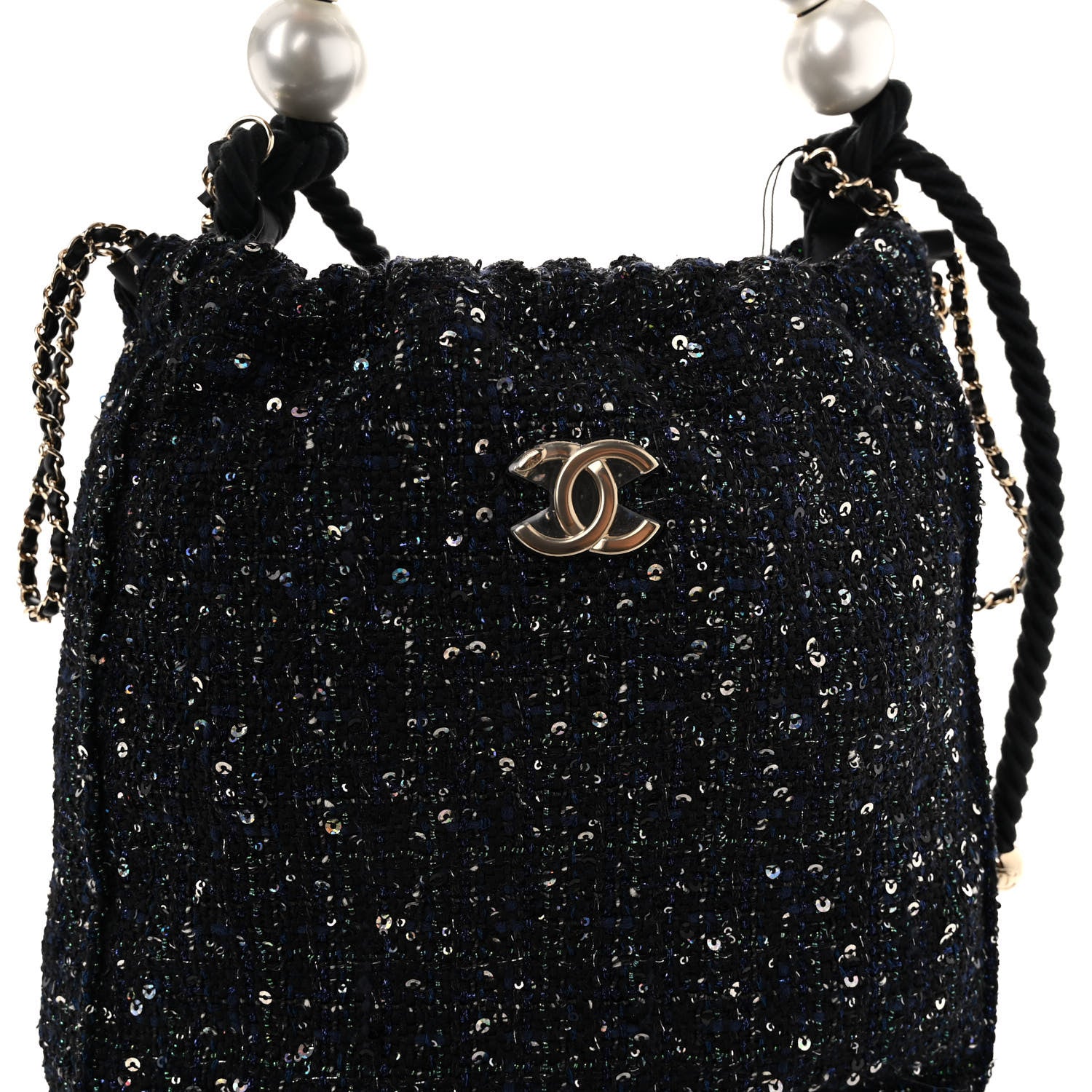 Chanel Tweed Pearl Handle Drawstring Bag Black Ecru 7 of 10