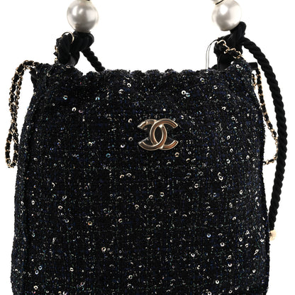Chanel Tweed Pearl Handle Drawstring Bag Black Ecru 7 of 10
