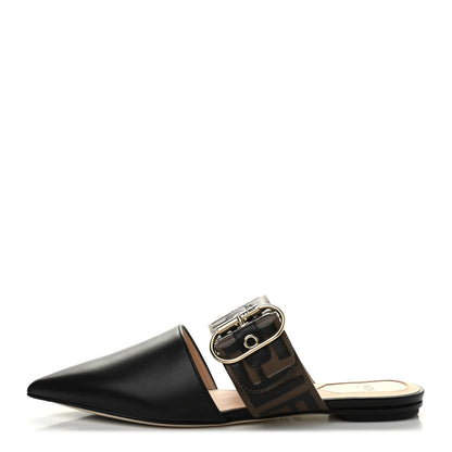 Fendi Vitello FF Embossed Buckle Flat Mules 35.5 Maya Black 1 of 9
