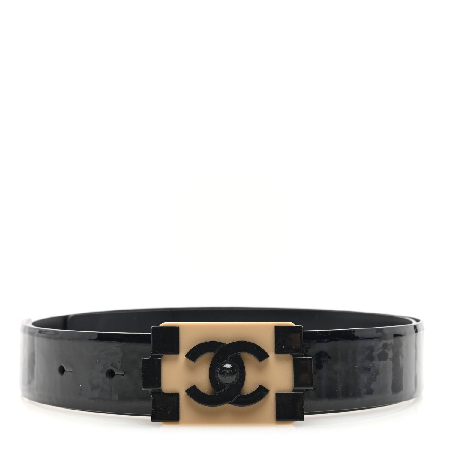 Chanel Patent Plexiglass CC Boy Belt 90 36 Black Beige 1 of 4