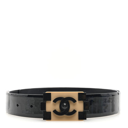 Chanel Patent Plexiglass CC Boy Belt 90 36 Black Beige 1 of 4