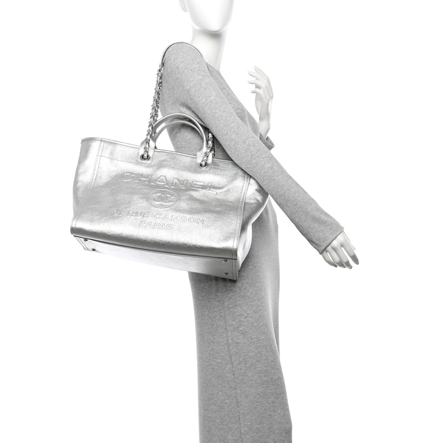 Metallic Calfskin Medium Deauville Tote Silver