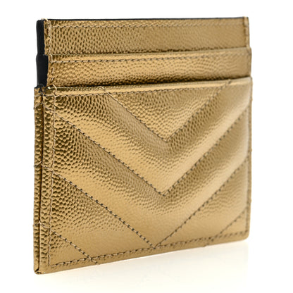 Saint Laurent Metallic Grain De Poudre Matelasse Chevron Monogram Credit Card Case Gold 3 of 7