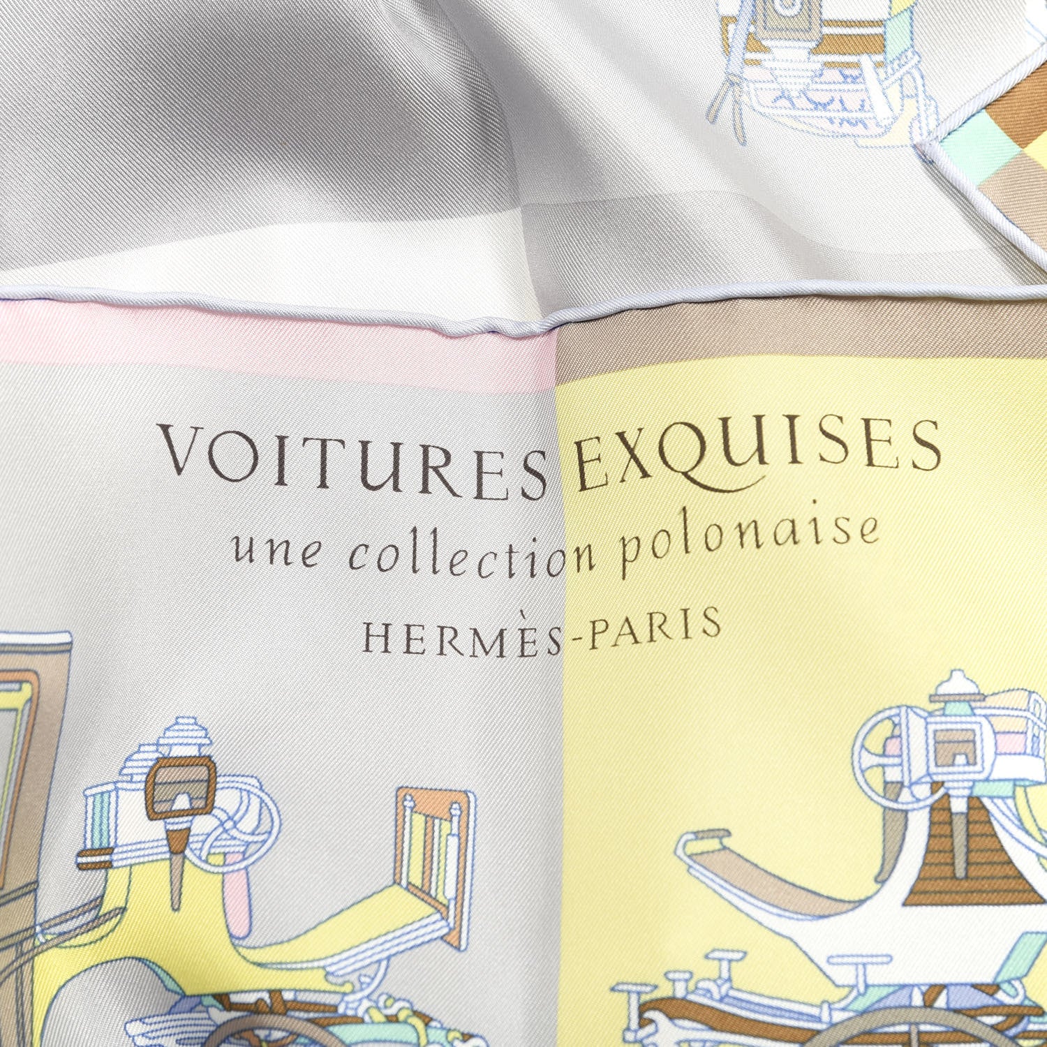 Hermes Silk Voitures Exquises Scarf 90 Gris Perle Jaune 3 of 4