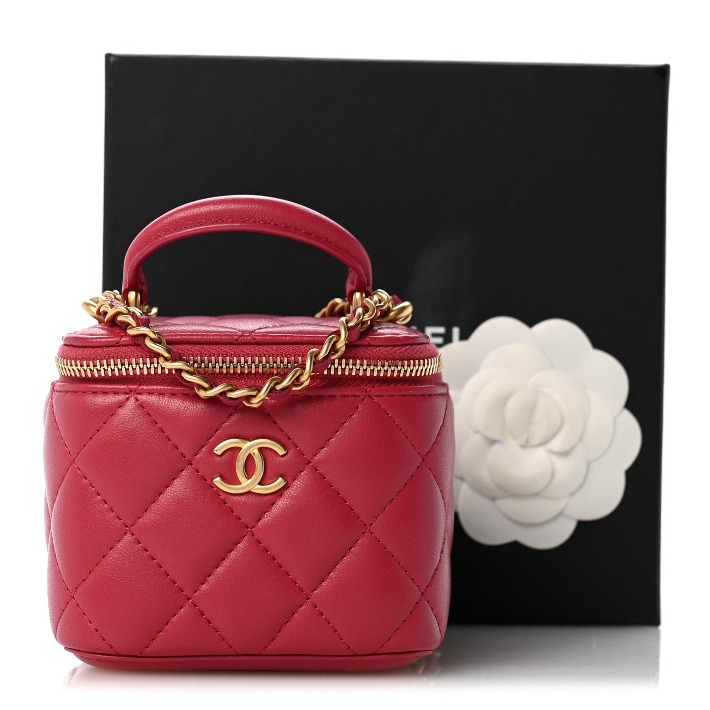 Lambskin Quilted Top Handle Mini Vanity Case With Chain Dark Pink