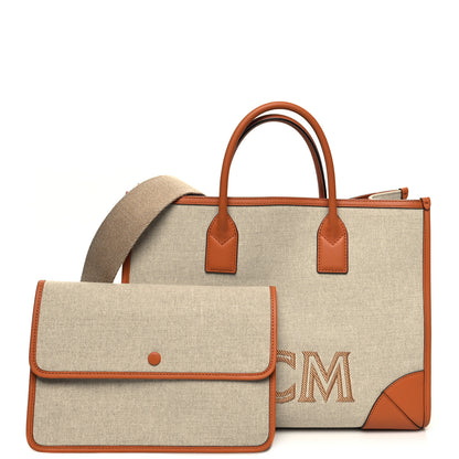 MCM Calfskin Linen Large Munchen Tote Cognac 1 of 12