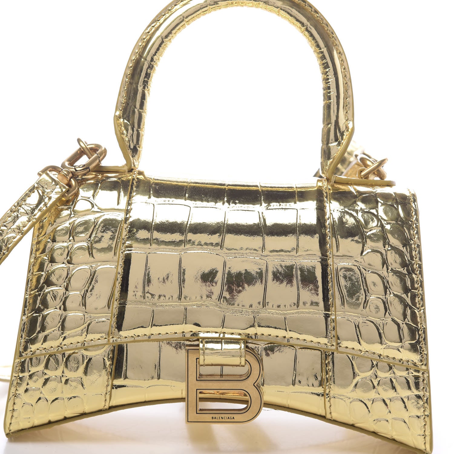 Balenciaga Metallic Calfskin Crocodile Embossed Hourglass Top Handle Bag XS Gold 8 of 10