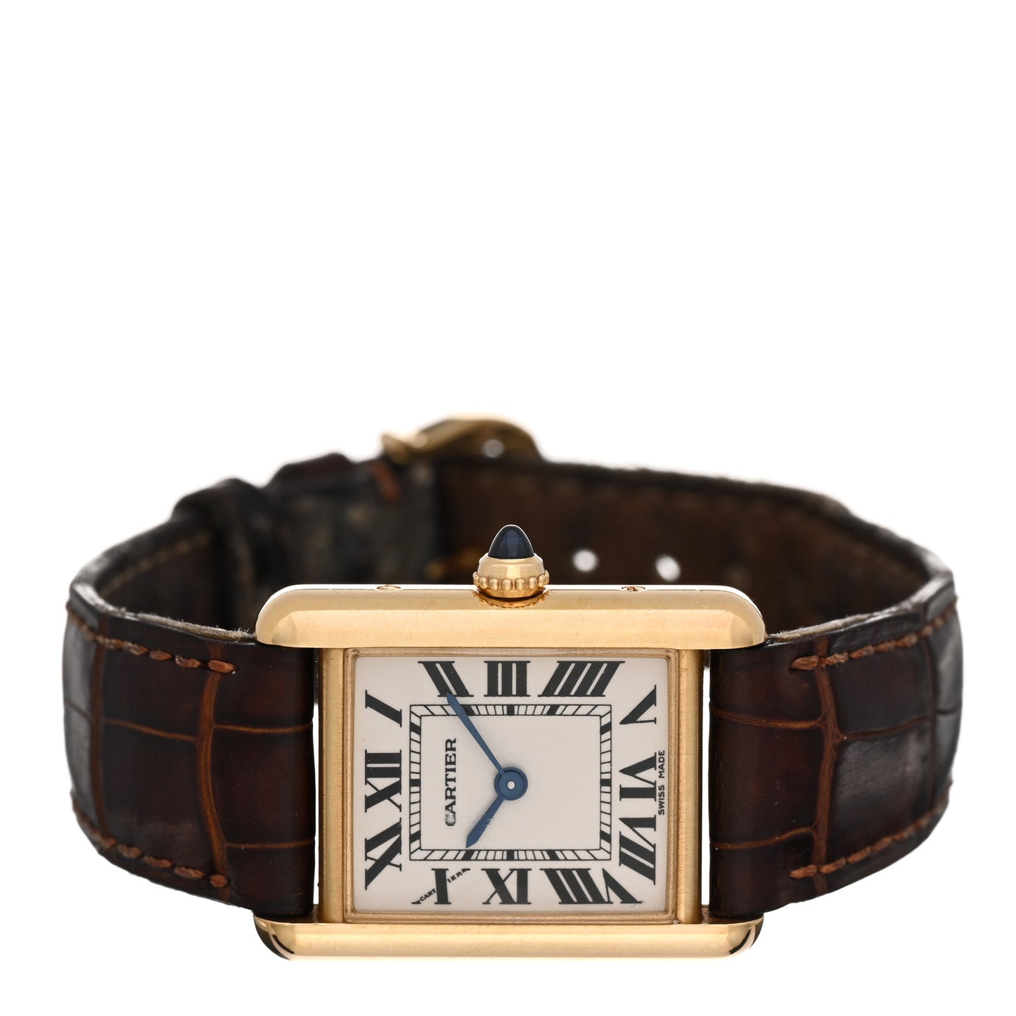 18K Yellow Gold Alligator 22mm Tank Louis Quartz Watch Brown