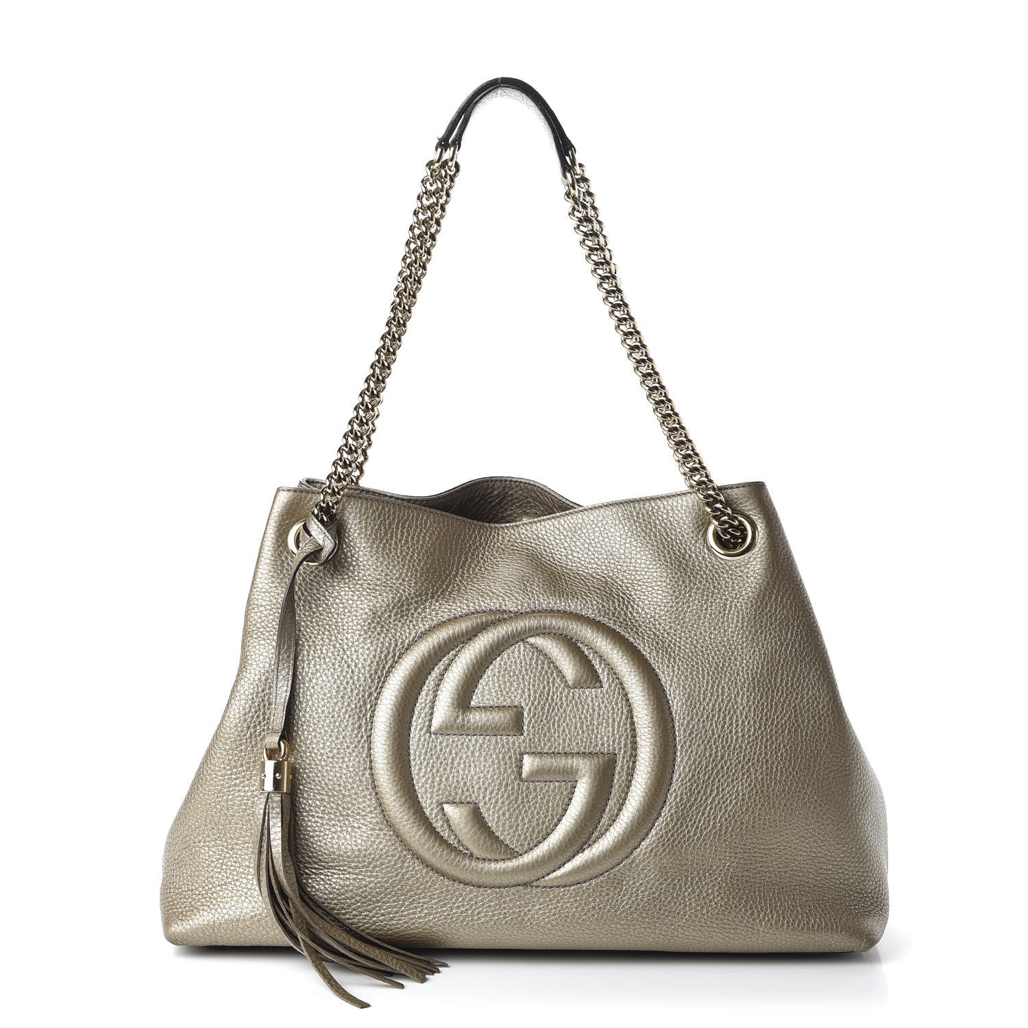 Gucci Metallic Pebbled Calfskin Medium Soho Chain Shoulder Bag Golden Beige 1 of 12