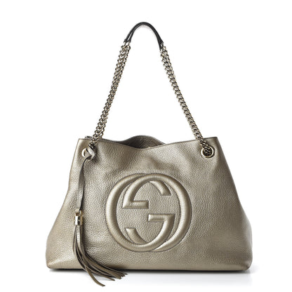 Gucci Metallic Pebbled Calfskin Medium Soho Chain Shoulder Bag Golden Beige 1 of 12