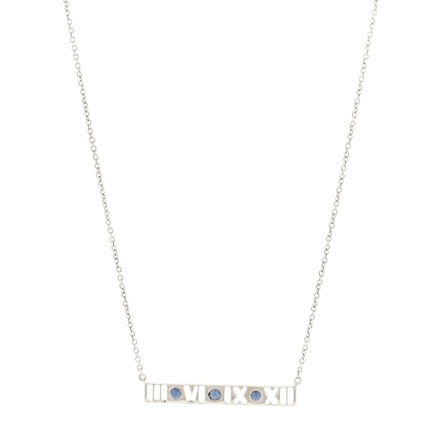 Tiffany Sterling Silver Blue Sapphire Atlas Bar Pendant Necklace 1 of 5