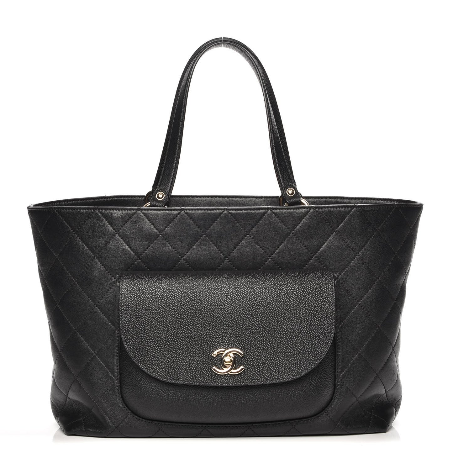 Calfskin Caviar Quilted Large Shopping Tote Black
