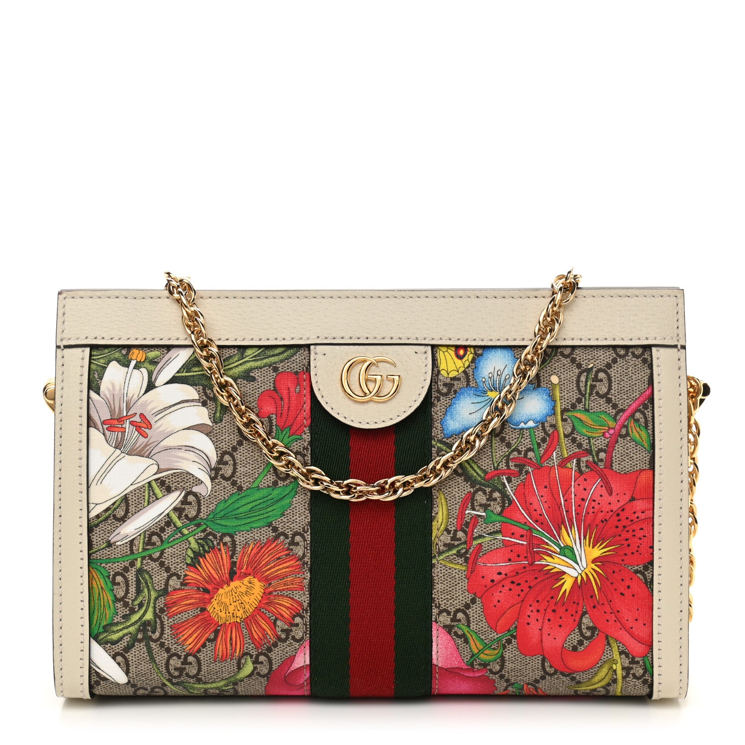 Gucci GG Supreme Monogram Flora Web Small Ophidia Chain Shoulder Bag White 1 of 12