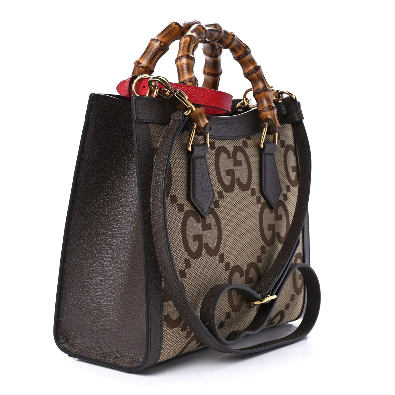 Gucci Monogram Jumbo GG Textured Dollar Calfskin Small Diana Tote Bag Camel Ebony New Acero Pomegranate Red 3 of 9