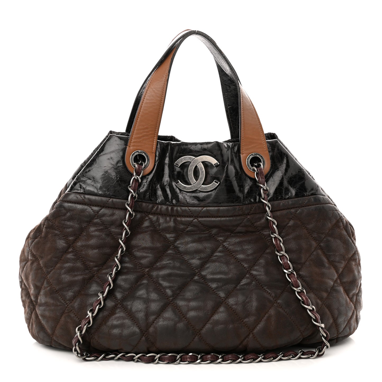 Iridescent Calfskin Quilted Large In The Mix Tote Dark Brown
