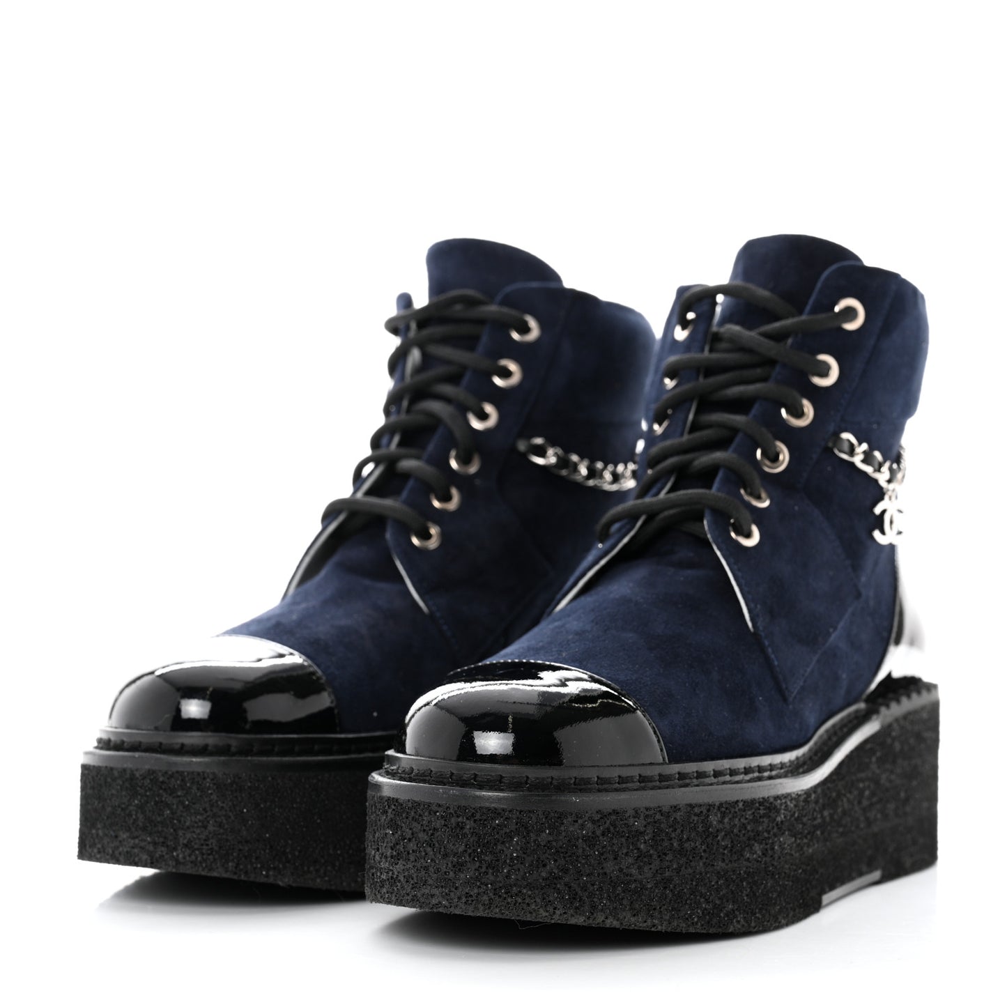 Suede Kidskin Patent Calfskin Chain Lace Up Boots 37 Dark Navy Blue Black