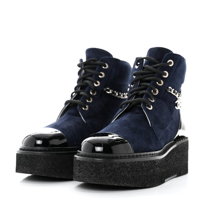 Chanel Suede Kidskin Patent Calfskin Chain Lace Up Boots 37 Dark Navy Blue Black 3 of 9
