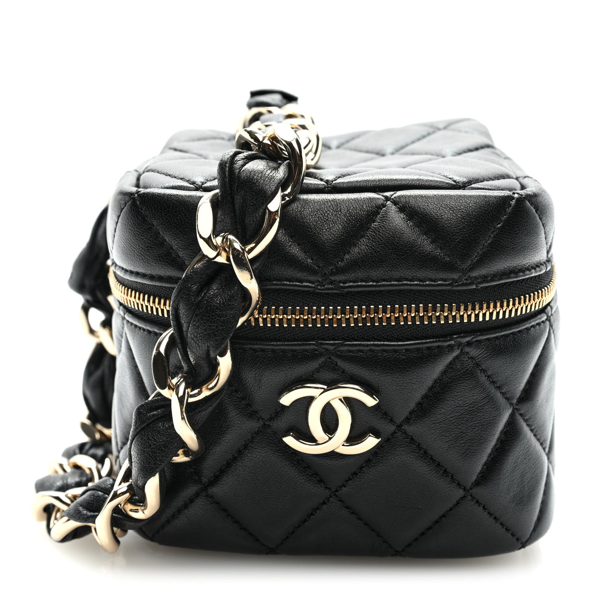 Lambskin Quilted Cube Chain Wristlet Case Black