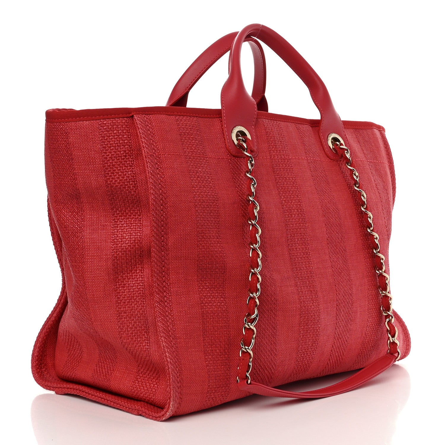 Chanel Straw Raffia Calfskin Striped Large Deauville Tote Red 3 of 10