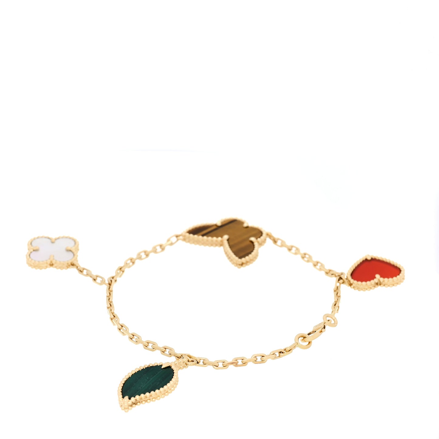 18K Yellow Gold Mother of Pearl Malachite Carnelian Tiger Eye 4 Motifs Lucky Alhambra Bracelet