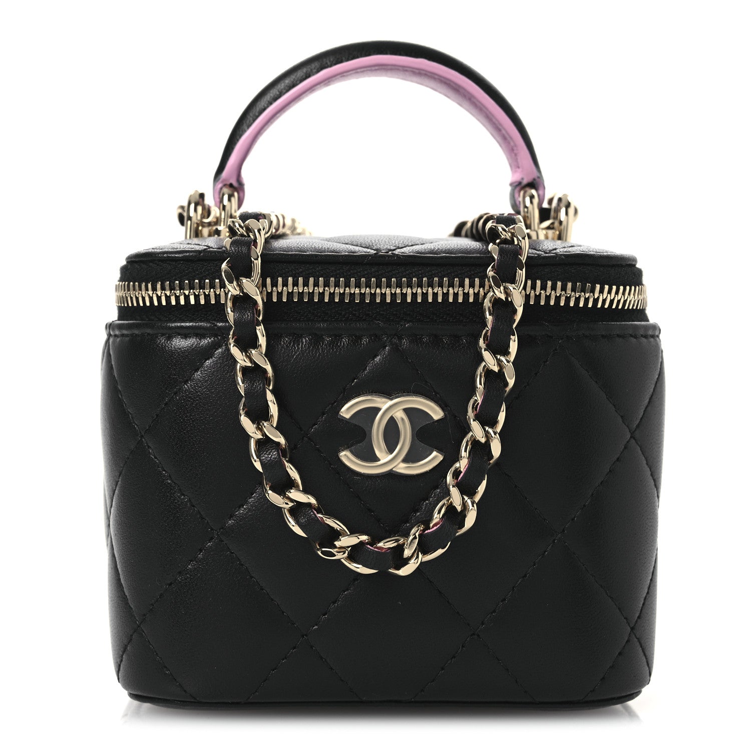 Chanel Lambskin Quilted Top Handle Mini Vanity Case With Chain Black Pink 8 of 11