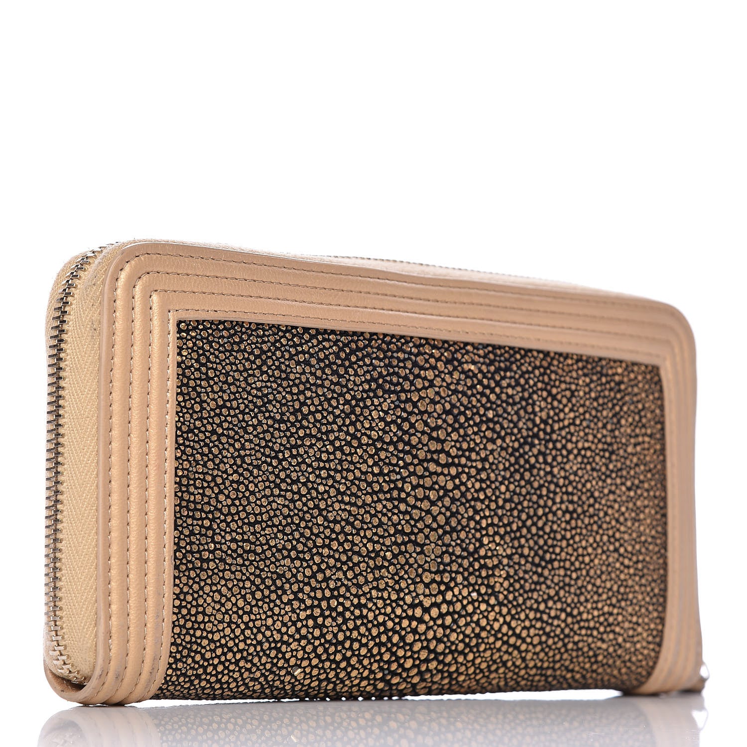 Chanel Metallic Galuchat Stingray Lambskin Boy Zip Around Wallet Gold 3 of 11