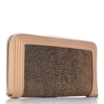 Chanel Metallic Galuchat Stingray Lambskin Boy Zip Around Wallet Gold 3 of 11