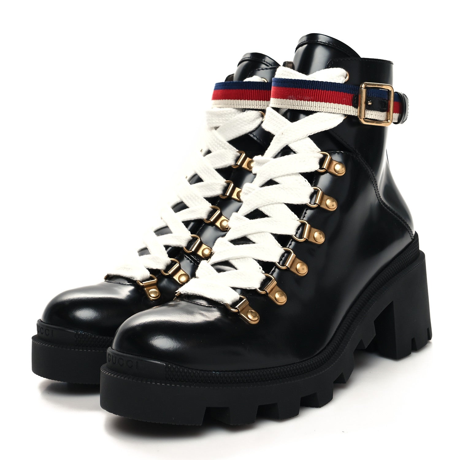 Gucci Calfskin Sylvie Web Lace Up Combat Boots 38 Black 3 of 8