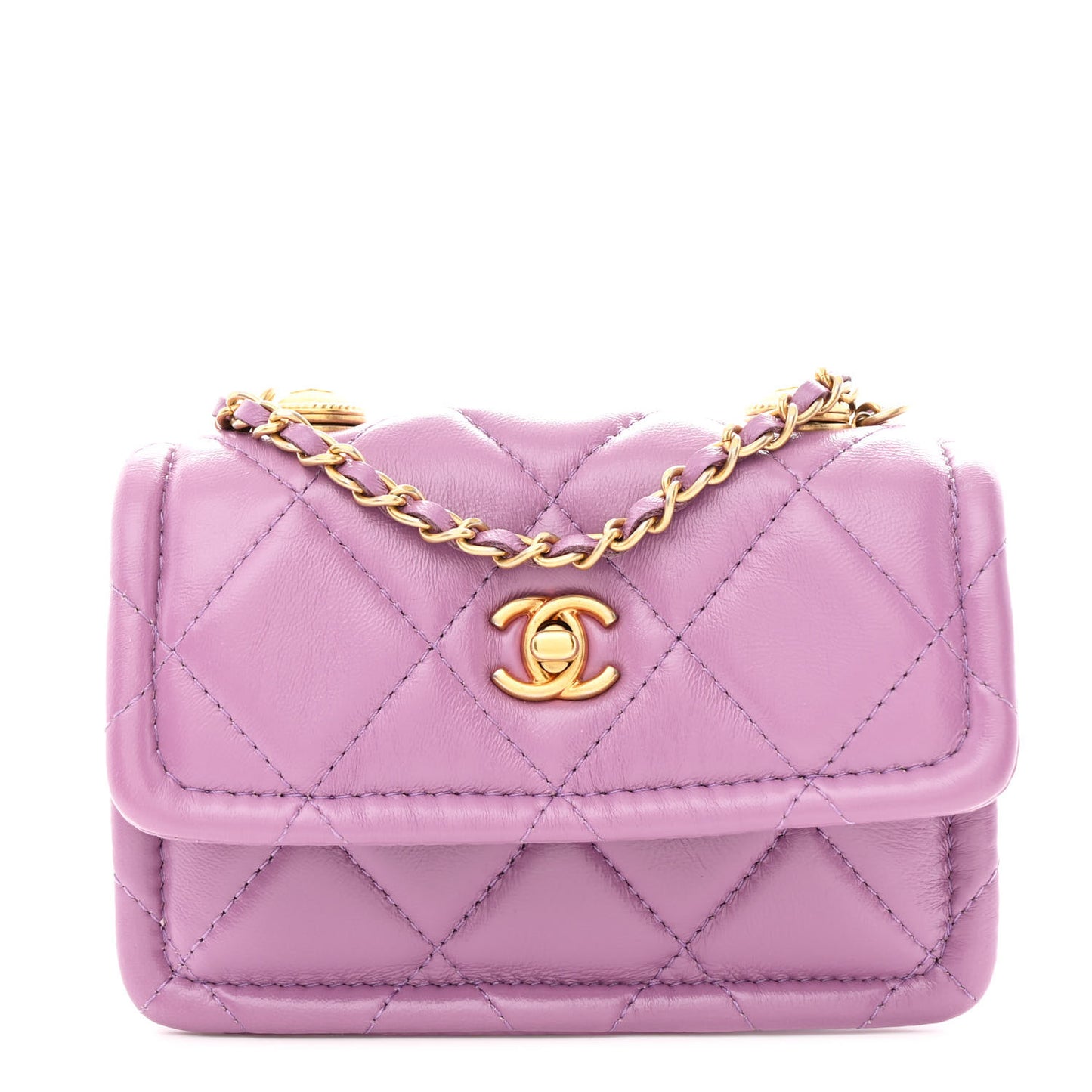 Shiny Lambskin Quilted Extra Mini Flap Purple
