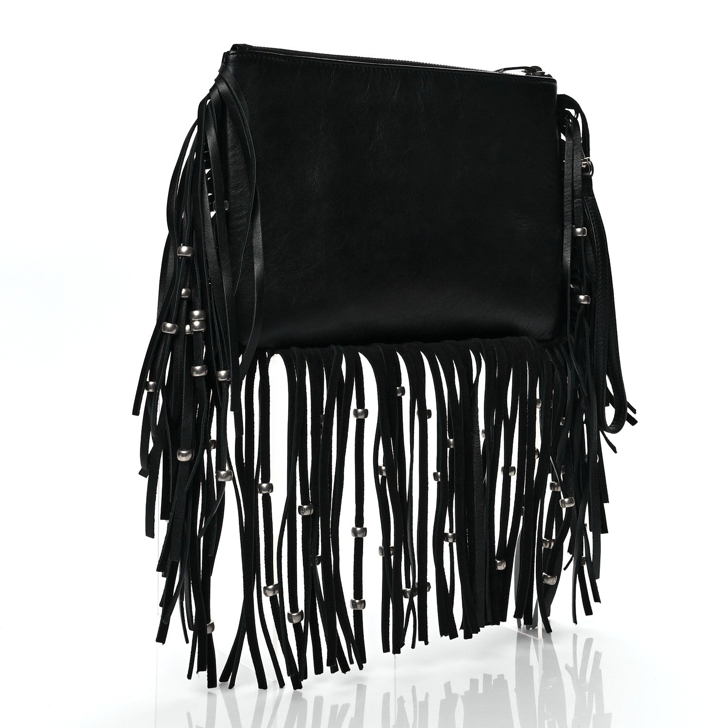 Saint Laurent Calfskin Monogram Fringe Pouch Black 3 of 10