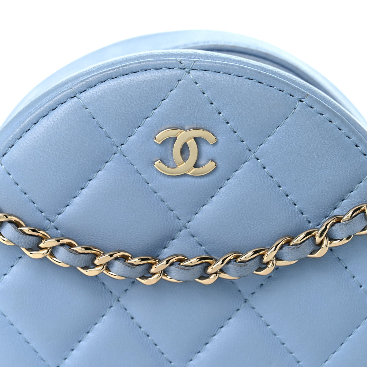 Lambskin Quilted Round Clutch With Chain Light Blue
