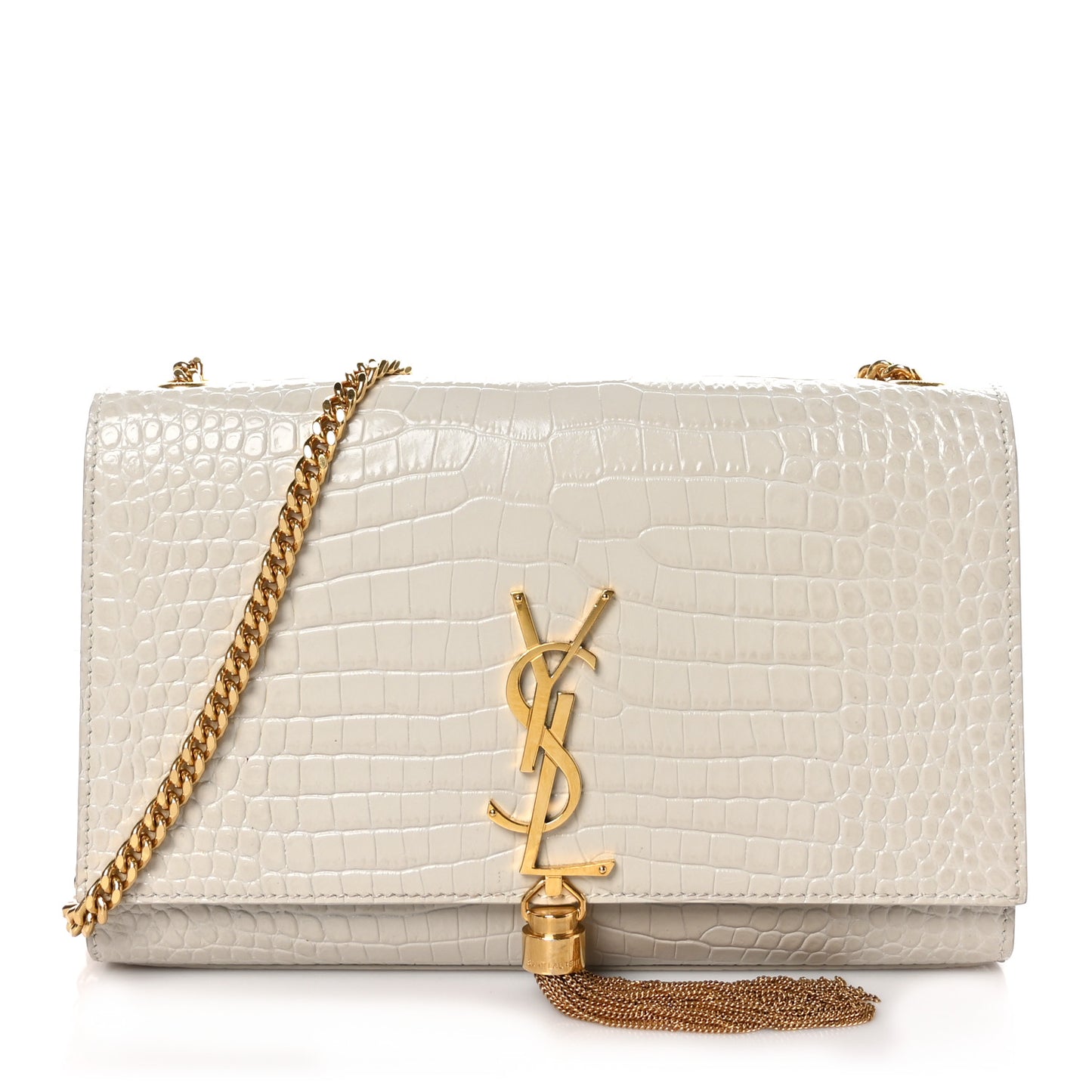 Calfskin Crocodile Embossed Medium Classic Monogram Kate Tassel Satchel Crema Soft