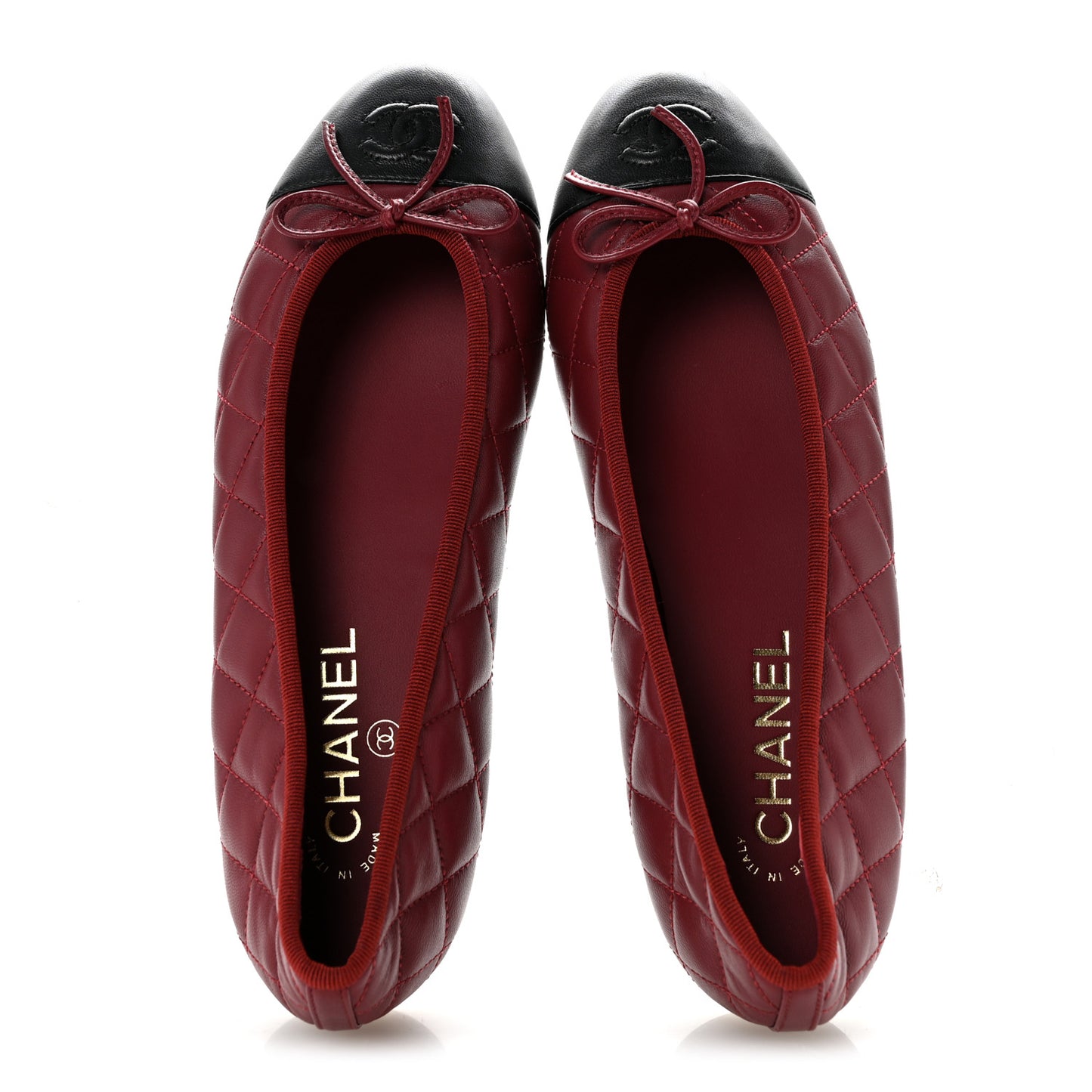 Lambskin Quilted CC Cap Toe Ballerina Flats 39 Burgundy Black